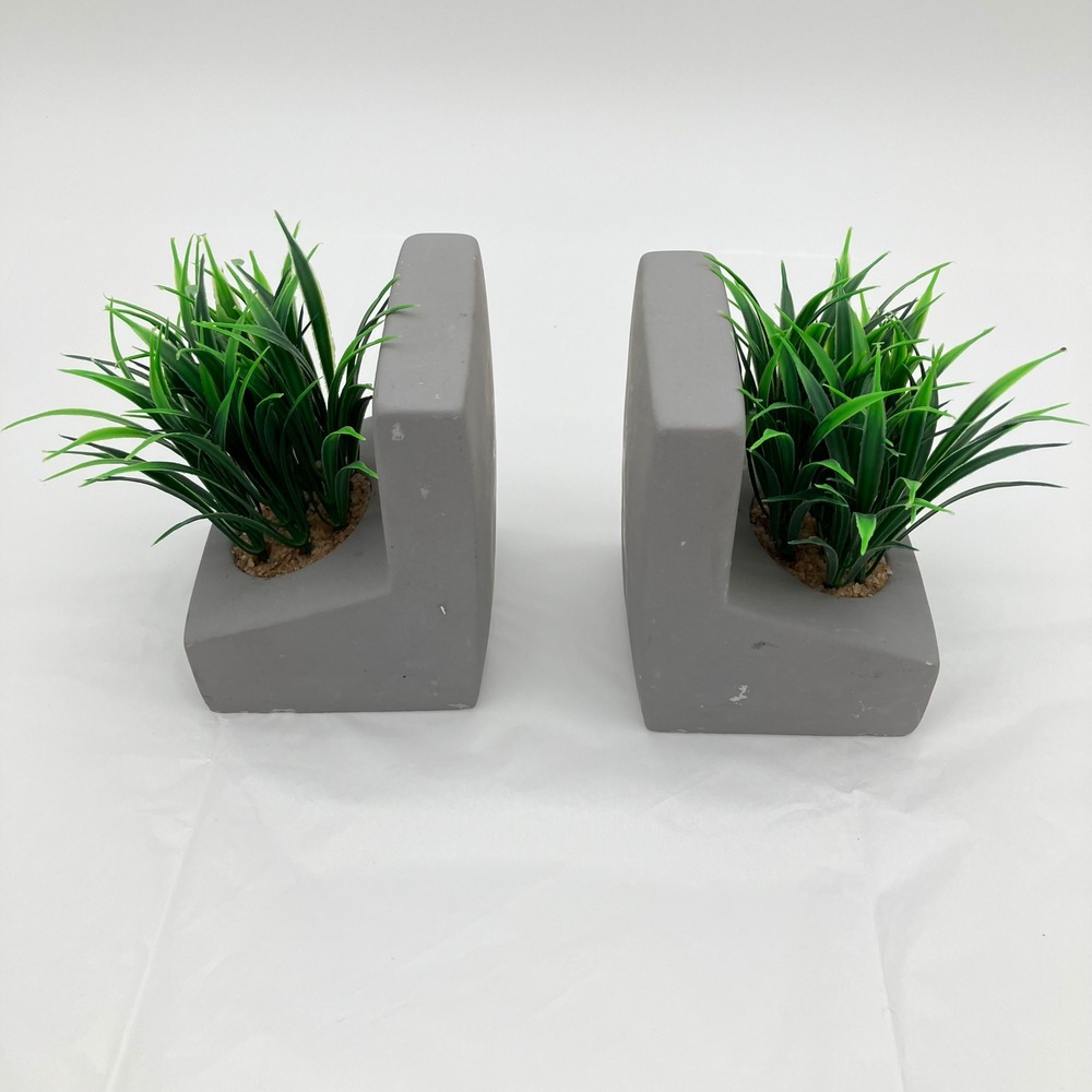 Bookends Concrete Faux Grass 5in Gray Modern Decor Set of 2
